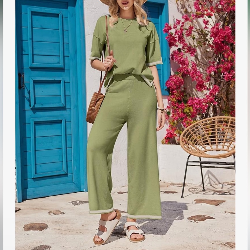 Ekouaer Women green 2 Piece Short Sleeve Sweater Top Wide Leg Long Pants size L